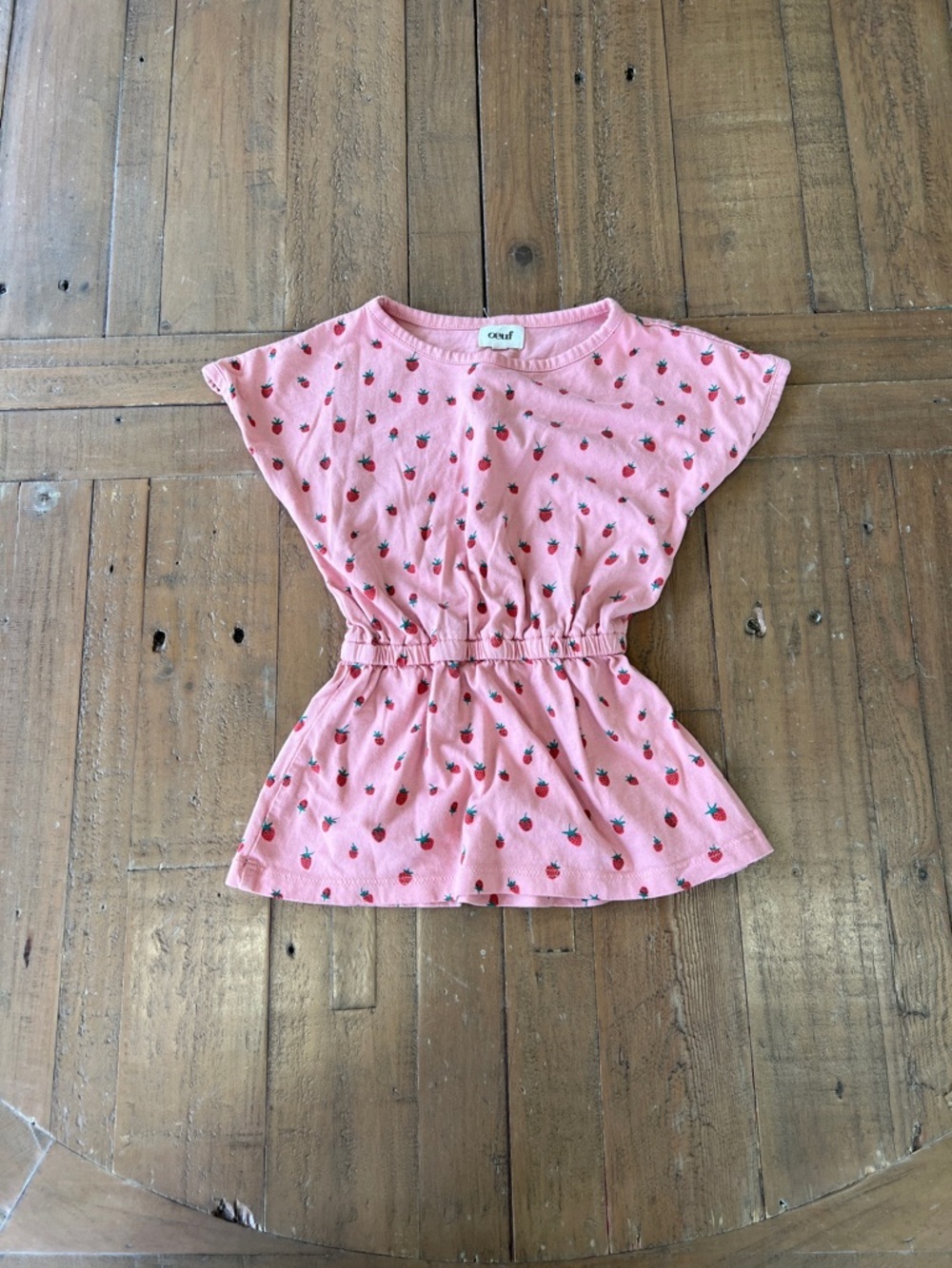Oeuf pink strawberry cinch waist cap sleeve Organic dress 12-18 months